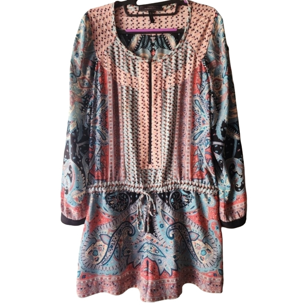 BCBGMAXAZRIA Benjamin Paisley Long Sleeve Romper Boho Chic Zip Front Sz S EUC